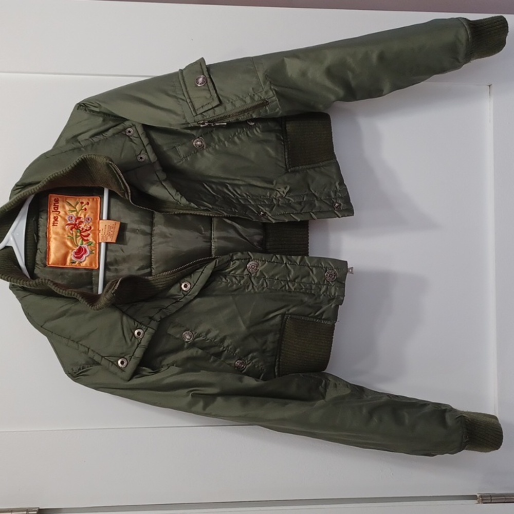 Army or Olive Green Cropped Puffy Puffer Bomber Biker Zip-up Ribbed Jacket